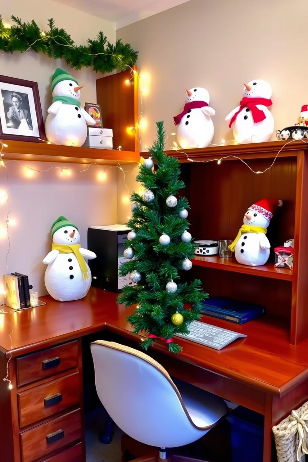 A cozy home office decorated for Christmas features a sturdy wooden desk adorned with cheerful snowman decorations. The snowmen, crafted from soft fabric and adorned with colorful scarves, bring a festive spirit to the workspace. Surrounding the desk, twinkling fairy lights are draped along the shelves, adding warmth to the atmosphere. A small evergreen tree sits in the corner, decorated with miniature ornaments that complement the snowman theme.