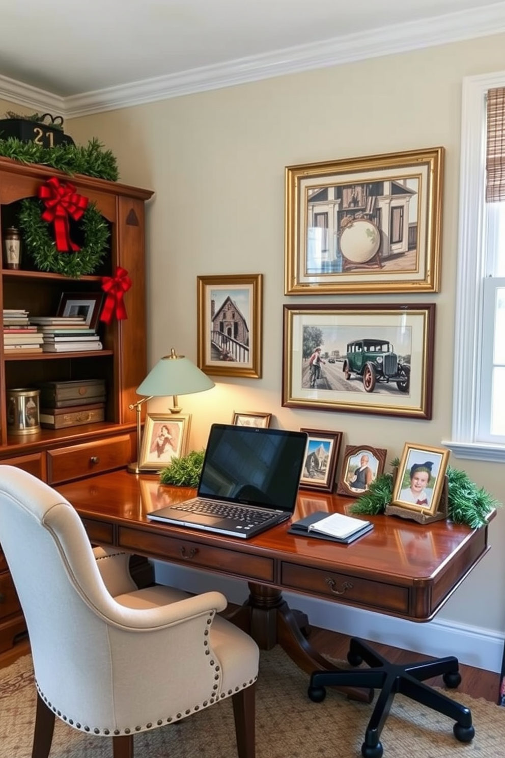 A cozy home office adorned for the holidays. A wooden desk is decorated with vintage holiday postcards in elegant frames, adding a nostalgic touch to the workspace.