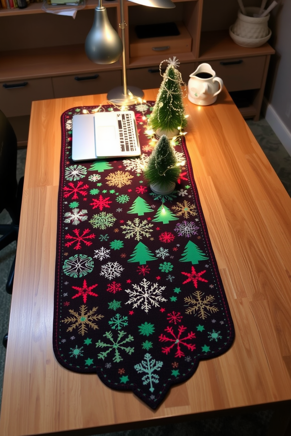 A festive table runner adorned with vibrant holiday colors stretches across a sleek wooden desk. It features intricate patterns of snowflakes and Christmas trees, creating a cheerful atmosphere for the workspace. Surrounding the runner are carefully arranged decorative elements, including a small evergreen centerpiece and twinkling fairy lights. The overall decor captures the spirit of Christmas while maintaining a professional yet inviting home office environment.