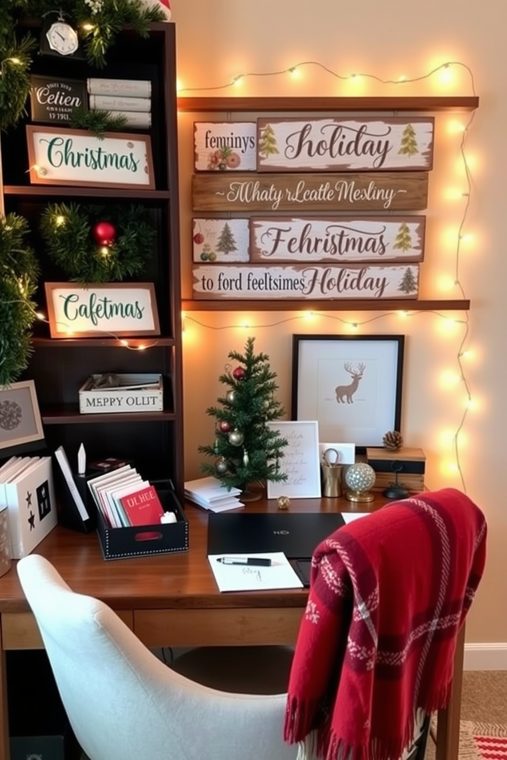 A cozy home office decorated for Christmas features wooden holiday signs with cheerful messages. The signs are adorned with festive colors and surrounded by a warm glow from string lights draped along the shelves. The desk is decorated with a small evergreen tree and a collection of holiday-themed stationery. A comfortable chair is accented with a cozy throw blanket in seasonal colors, creating an inviting workspace for the holidays.