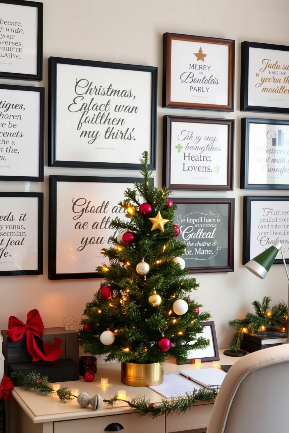 A collection of seasonal quotes elegantly displayed in stylish frames. The frames are arranged in a visually appealing gallery wall, featuring a mix of colors and textures that complement the surrounding decor. A cozy home office adorned with festive Christmas decorations. A small tree sits on the desk, surrounded by twinkling lights and ornaments, creating a warm and inviting workspace.