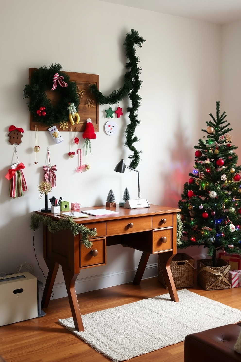 A cozy home office setting decorated for the holidays. A wooden desk is adorned with various DIY holiday crafts, including handmade ornaments and festive garlands. The walls are painted in a soft white, creating a bright and inviting atmosphere. A small Christmas tree sits in the corner, decorated with colorful lights and ornaments, adding a cheerful touch to the workspace.