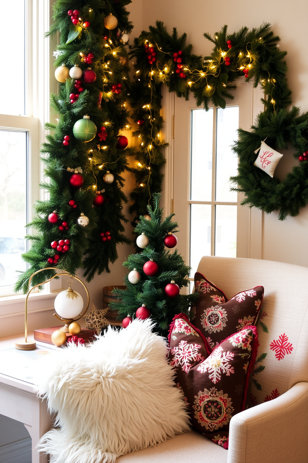 A cozy home office adorned for the holidays. A festive garland drapes elegantly over the window, adorned with twinkling lights and red berries. The desk is decorated with a small evergreen tree and a collection of colorful ornaments. Plush throw pillows in festive patterns add warmth to the chair, creating an inviting workspace.