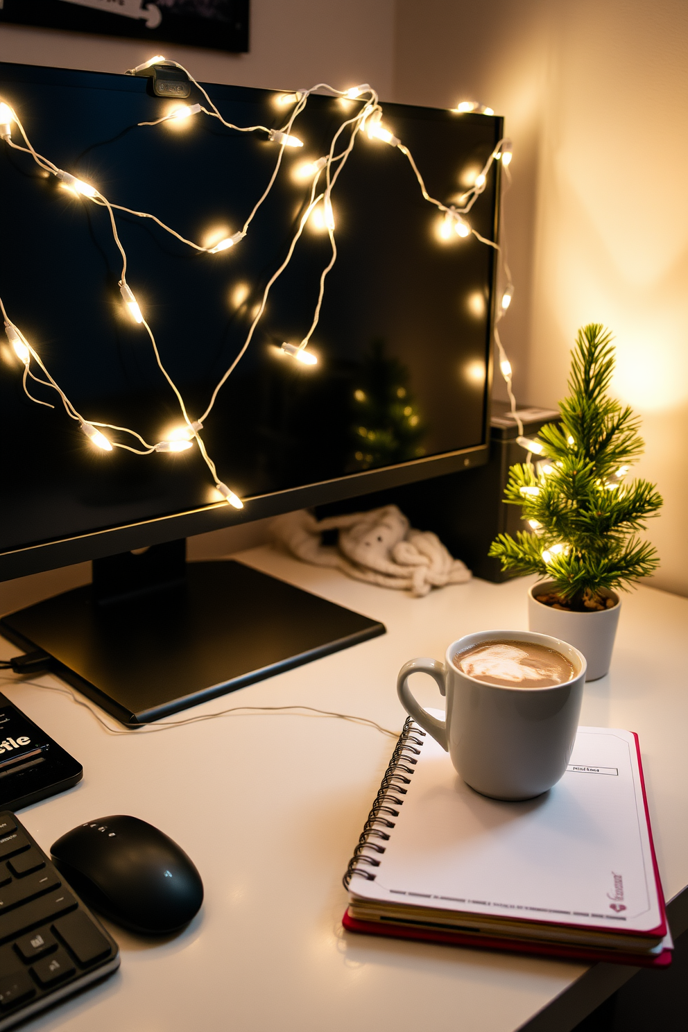 A cozy home office setting adorned with Christmas lights wrapped around the monitor creating a warm and festive atmosphere. The desk is clutter-free, featuring a stylish planner and a steaming mug of hot chocolate beside a small potted evergreen tree.