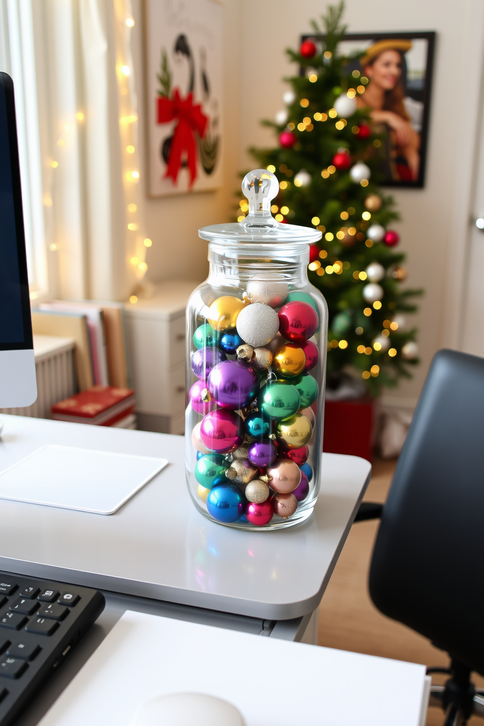 A vibrant glass jar filled with an assortment of colorful ornaments sits on a sleek desk. The home office is adorned with festive touches, including twinkling lights and a small Christmas tree in the corner.