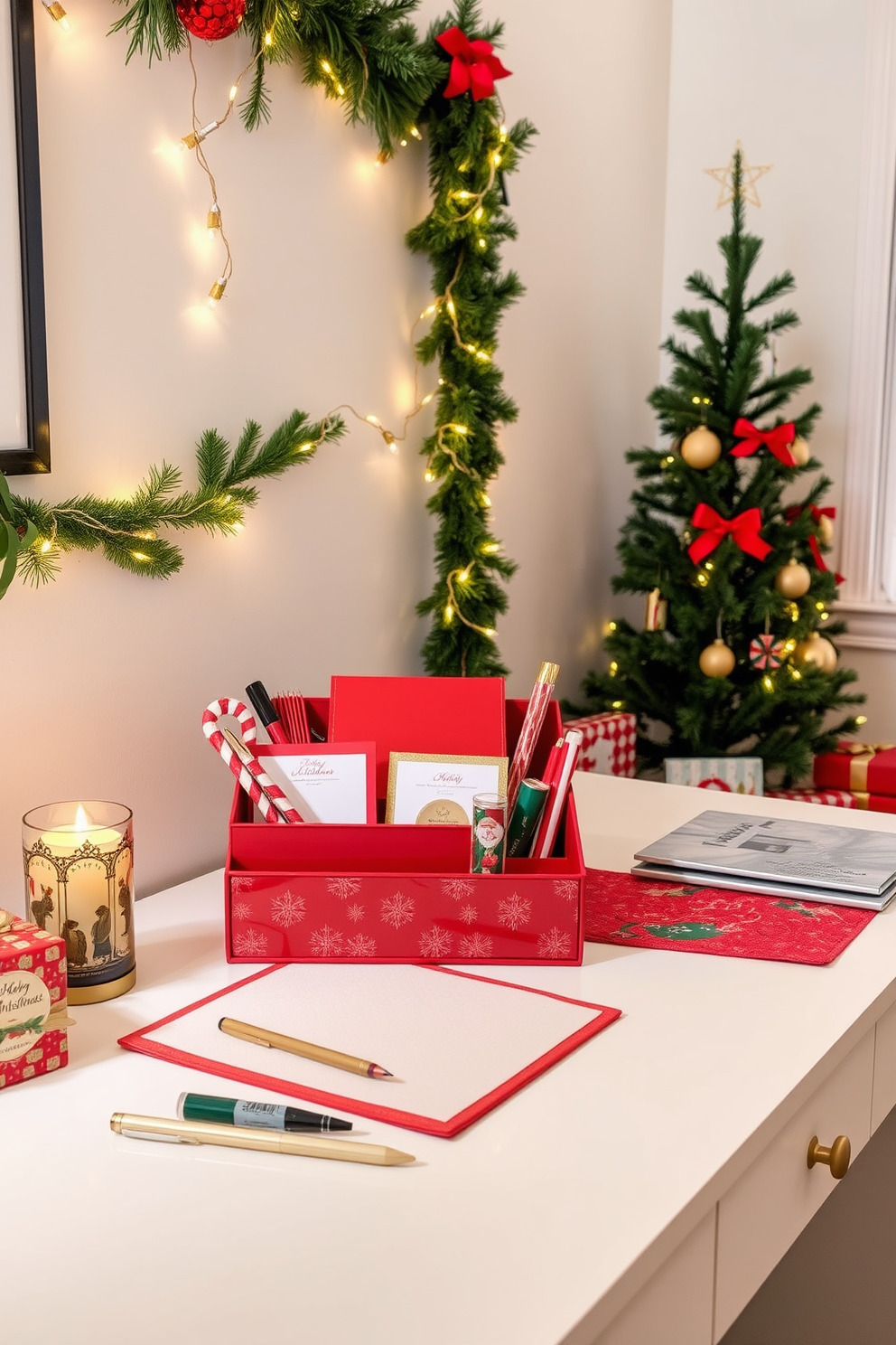 A festive home office setting adorned with holiday-themed desk accessories. The desk is decorated with a red and gold color scheme, featuring a stylish organizer filled with Christmas-themed stationery and a scented candle in a festive holder. On the wall, a garland of pine and twinkling lights adds warmth to the space. A small Christmas tree sits in the corner, surrounded by wrapped gifts, enhancing the cheerful atmosphere.