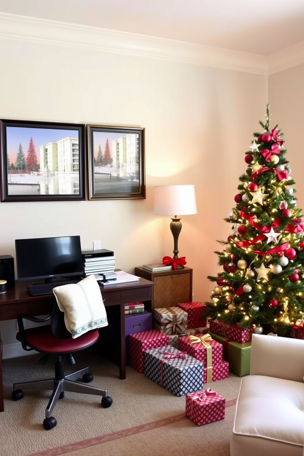 A cozy home office decorated for Christmas features seasonal artwork on the walls that reflects holiday themes. A beautifully adorned Christmas tree stands in one corner, surrounded by wrapped gifts and twinkling lights.