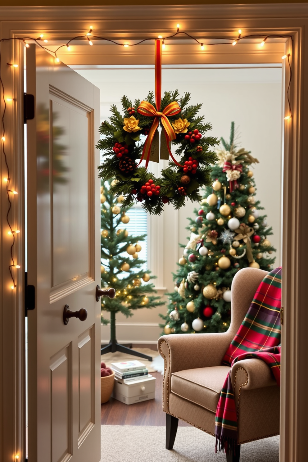 A festive wreath adorned with red berries and pinecones hangs on the office door, welcoming guests with a touch of holiday cheer. The door is framed by twinkling fairy lights that add a warm glow to the entrance. Inside the home office, a beautifully decorated Christmas tree stands in the corner, draped with gold and silver ornaments. A cozy reading nook features a plush armchair with a red and green plaid throw, creating a perfect spot for seasonal relaxation.