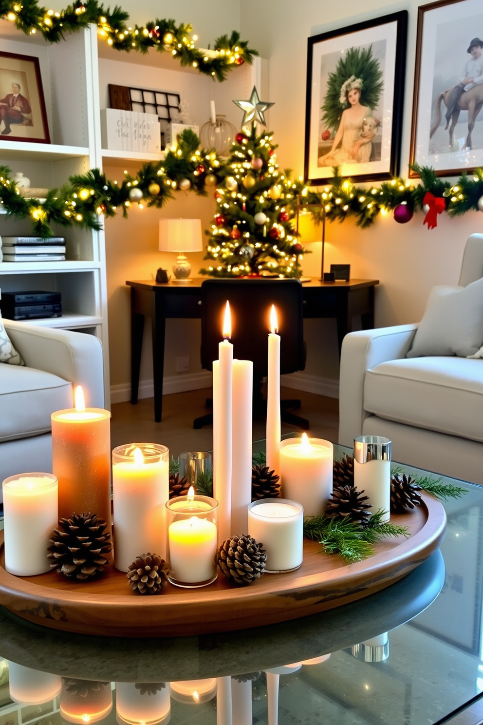 Candle arrangement for a warm glow. A collection of assorted candles in varying heights is placed on a wooden tray at the center of a coffee table. Soft flickering flames create a cozy ambiance, while the warm light reflects off nearby surfaces. Surrounding the candles, pinecones and seasonal greenery enhance the festive atmosphere. Home Office Christmas Decorating Ideas. A stylish desk is adorned with a small evergreen tree decorated with twinkling lights and colorful ornaments. Festive garlands drape along the shelves, complemented by holiday-themed artwork on the walls.