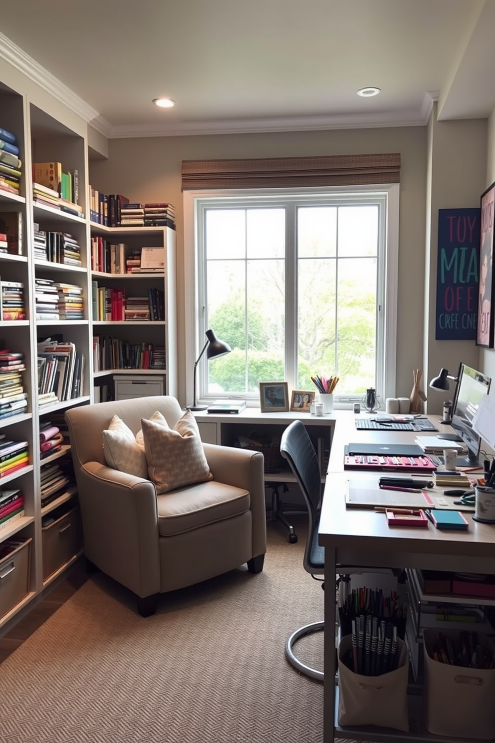 Cozy reading nook with craft supplies. A plush armchair sits in the corner, surrounded by shelves filled with colorful craft materials and books. Home office design ideas. A sleek desk faces a large window, providing natural light, with a comfortable chair and organized storage for office supplies. Craft room design ideas. A spacious table is covered with various crafting tools, while bright, inspirational artwork adorns the walls to spark creativity.