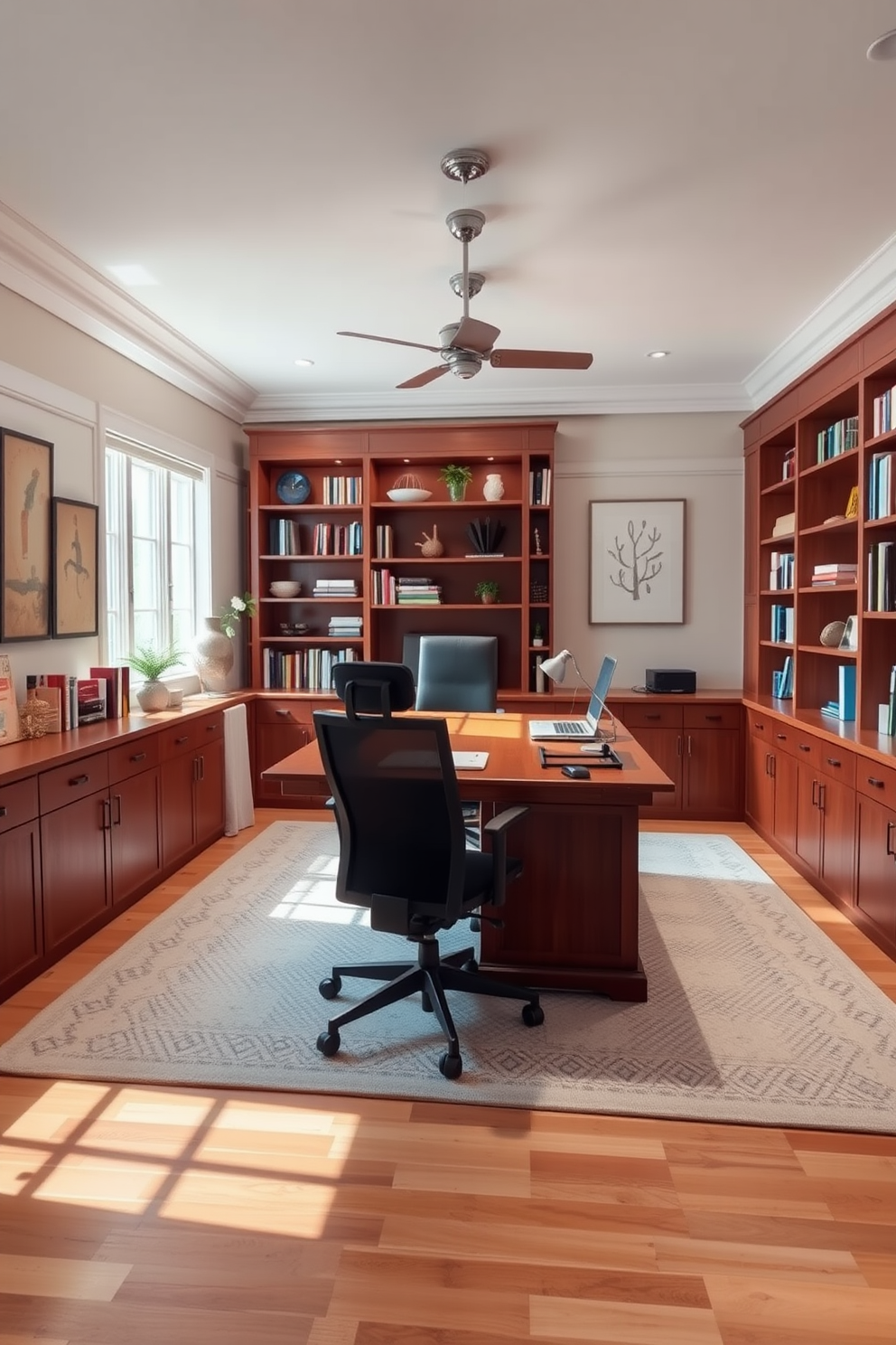 A serene home office space bathed in soft lighting creates a calming atmosphere. The room features a large wooden desk with a comfortable ergonomic chair, surrounded by shelves filled with books and decorative items. Incorporate a craft room design that inspires creativity and organization. The space includes a large table for crafting projects, with ample storage for supplies and bright, cheerful colors on the walls to energize the environment.