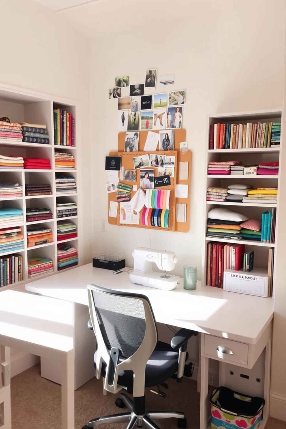 A dedicated sewing area with a spacious table set against a bright window that lets in natural light. The walls are painted in a soft pastel color, and shelves filled with colorful fabrics and sewing supplies are neatly organized. A comfortable chair with ergonomic support is positioned at the sewing table, complemented by a small side table for additional storage. A bulletin board adorned with inspiration images and swatches hangs above the table, creating an inviting and creative atmosphere.