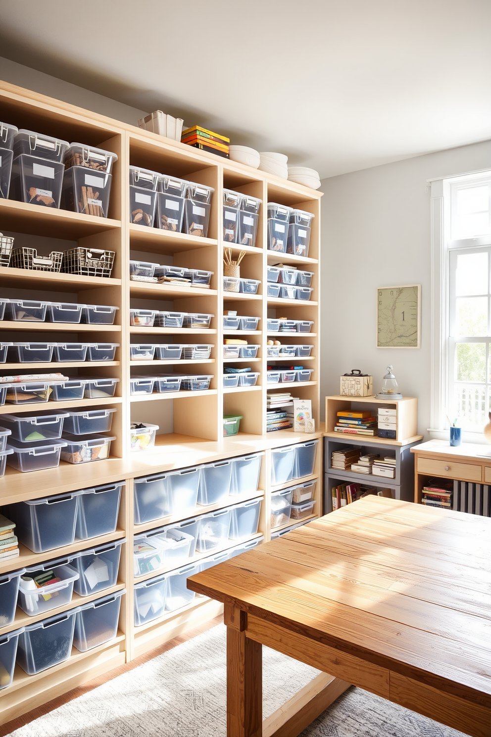 A bright and airy home office craft room features clear bins neatly arranged on open shelves for maximum visibility and organization. The workspace includes a large wooden table with ample natural light streaming in from a nearby window, creating an inviting atmosphere for creativity and productivity.