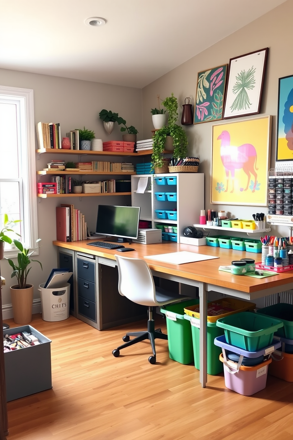 A bright and inviting home office space features a large wooden desk positioned by a window that allows natural light to flood the room. Shelves lined with books and decorative items are mounted on the walls, while potted plants add a touch of greenery for a fresh feel. The craft room showcases a spacious worktable surrounded by organized storage for supplies. Colorful bins and jars are neatly arranged, and vibrant artwork adorns the walls, creating an inspiring and creative atmosphere.