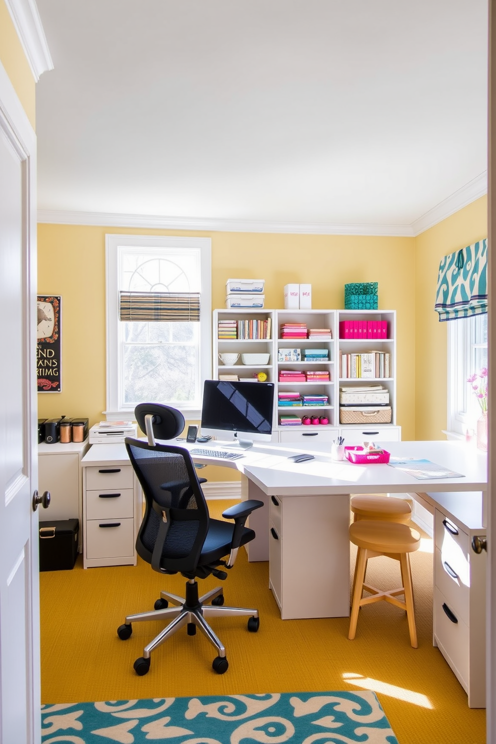 Designate zones for different activities in a home office and craft room. The home office features a sleek desk with an ergonomic chair positioned near a large window, allowing natural light to flood the space. Adjacent to the home office, the craft room is designed with ample storage for supplies, including open shelving and a large worktable. Bright, cheerful colors adorn the walls, creating an inspiring environment for creativity and productivity.