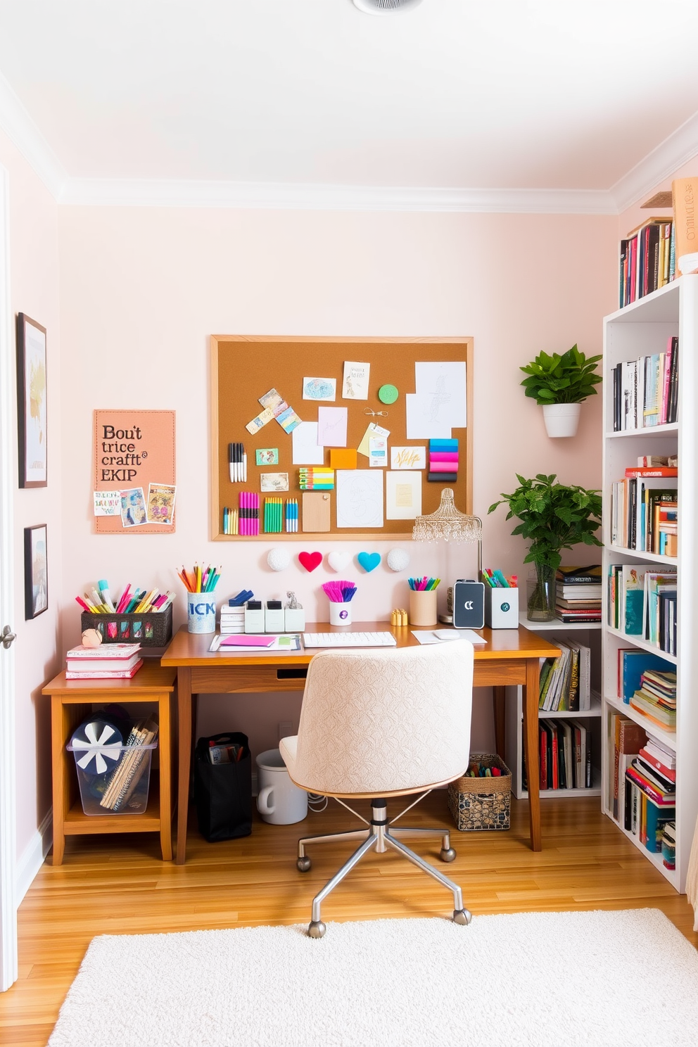 A vibrant home office craft room filled with creativity. The walls are painted in a soft pastel hue, and a large bulletin board is mounted above a spacious wooden desk. The desk is adorned with colorful stationery and craft supplies neatly organized in clear containers. A cozy armchair sits in the corner, surrounded by shelves filled with inspiring books and art materials.