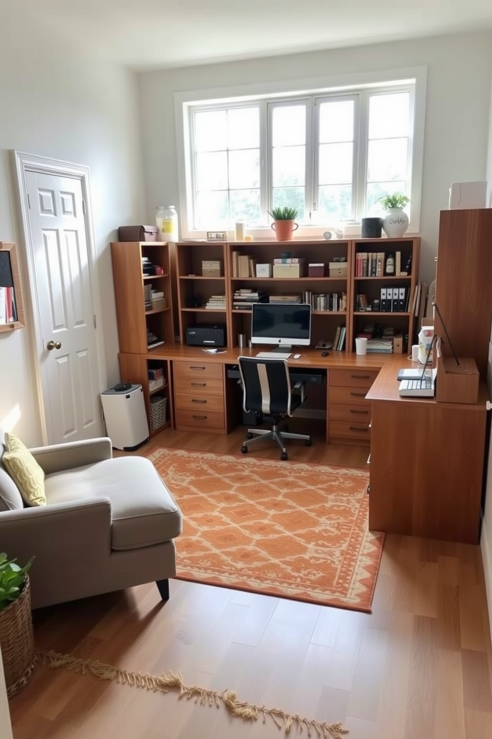 A cozy home office craft room with a large wooden desk positioned against a window, allowing natural light to flood the space. A stylish area rug in warm tones lies beneath the desk, adding comfort and a pop of color to the room. Shelves filled with craft supplies line the walls, while a comfortable chair invites creativity. The walls are painted in a soft pastel hue, creating a calming atmosphere perfect for inspiration.