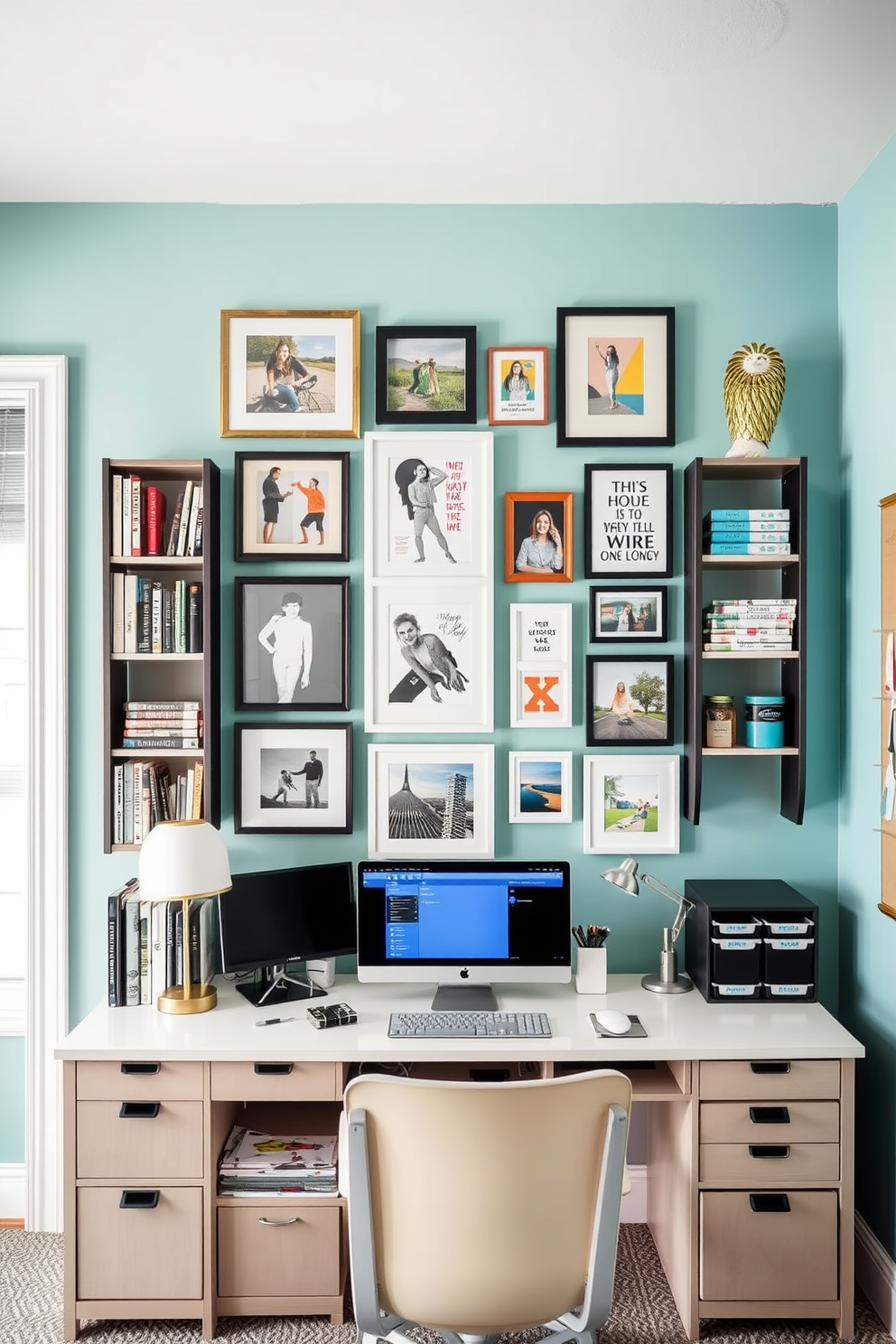 Create a gallery wall showcasing a collection of framed art pieces and photographs in a home office. The wall features a mix of styles including abstract art, personal photos, and inspirational quotes arranged in an eye-catching layout. Incorporate shelves to display books and decorative items alongside the gallery wall. Use a cohesive color palette that complements the overall design of the home office for a harmonious look. Design a craft room that maximizes functionality while maintaining a stylish aesthetic. Include a large work table surrounded by organized storage solutions for supplies and tools. Add a bulletin board or pegboard for easy access to inspiration and frequently used materials. Use bright, cheerful colors to create an inviting and creative atmosphere in the craft room.