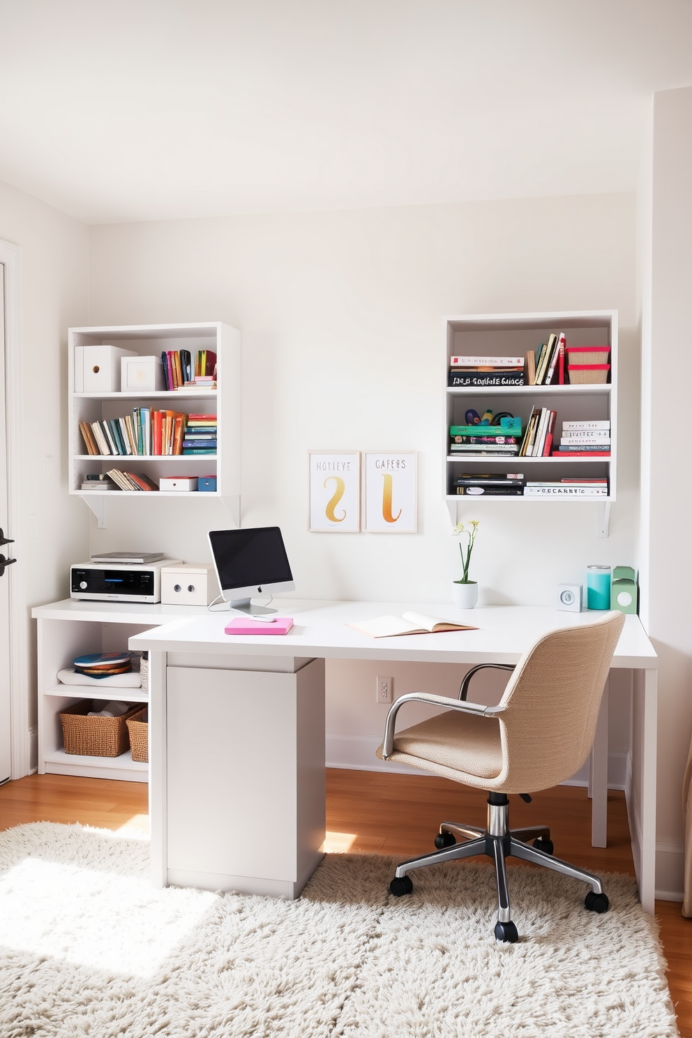 A bright and airy home office craft room features a sleek, multifunctional desk that doubles as a crafting station. The walls are painted in a soft white, and shelves filled with colorful supplies are neatly arranged above the desk. A cozy seating area includes a comfortable chair that can be easily moved to create more workspace when needed. The floor is adorned with a large, soft area rug that adds warmth and texture to the room.