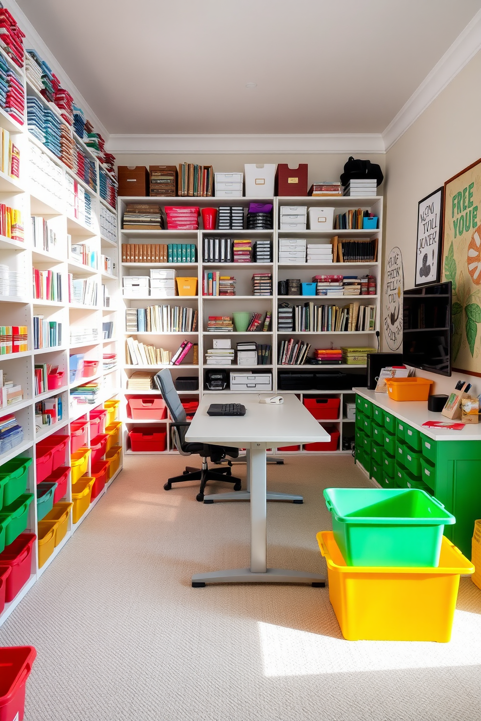 A bright and organized home office craft room features floor-to-ceiling shelves filled with neatly arranged supplies. A large work table sits in the center, surrounded by colorful storage bins and inspirational artwork on the walls.