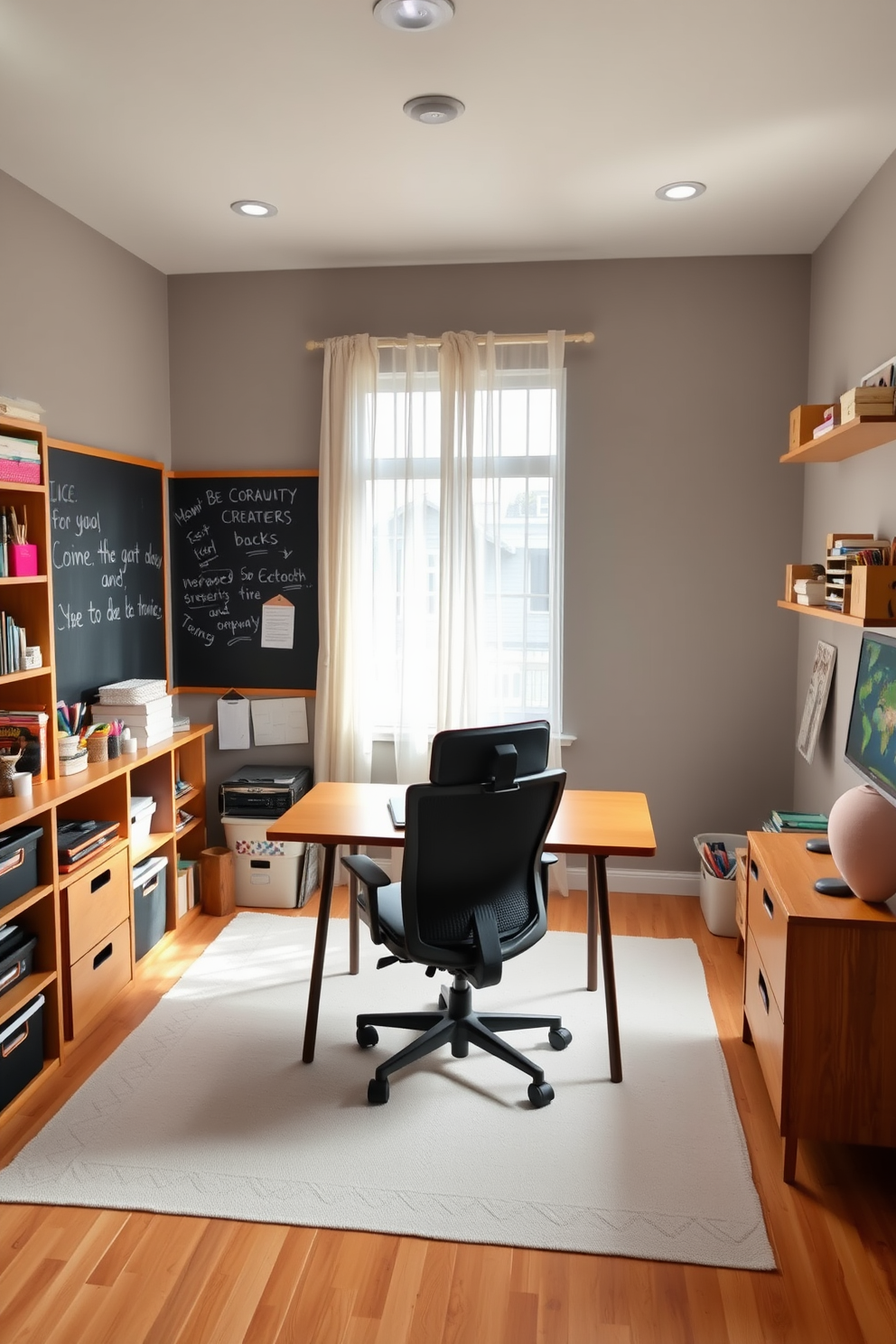 A cozy home office craft room designed for creativity and productivity. The space features a large chalkboard mounted on the wall for brainstorming and inspiration, surrounded by shelves filled with craft supplies and books. A sturdy wooden desk sits in the center, complemented by a comfortable ergonomic chair. Natural light floods the room through a large window adorned with sheer curtains, creating an inviting atmosphere for crafting and working.