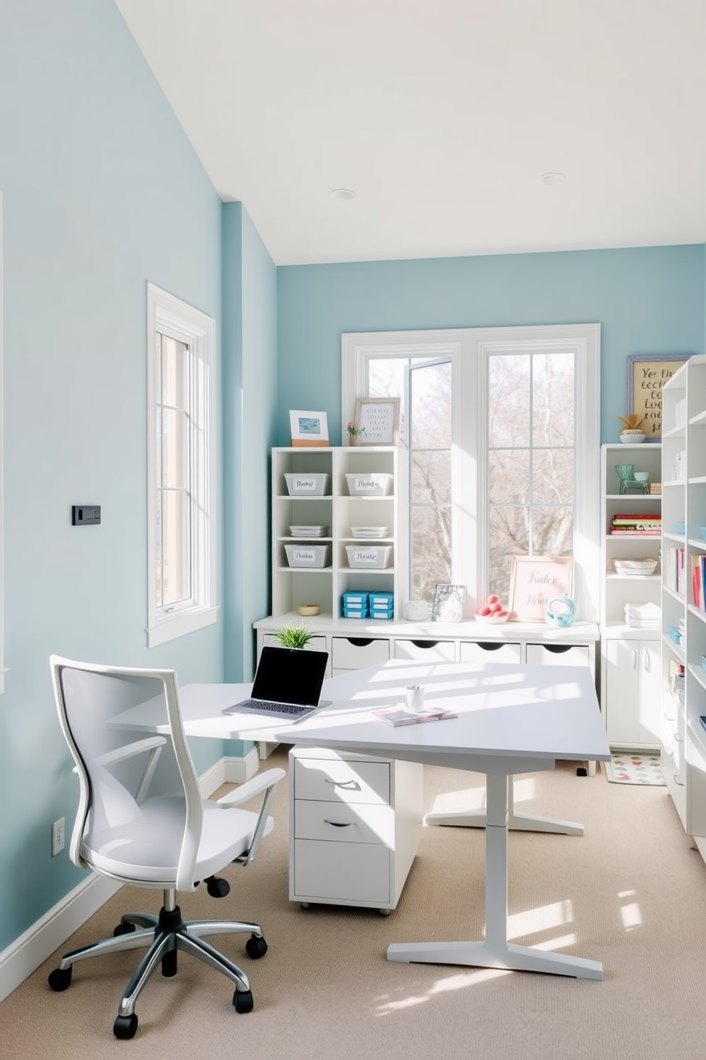 A calming home office with soft blue walls and natural light streaming through large windows. A sleek white desk is positioned against the wall, accompanied by a comfortable ergonomic chair and a small potted plant for a touch of greenery. A cozy craft room featuring pastel-colored walls and plenty of storage for supplies. A large worktable dominates the center of the space, surrounded by organized shelves filled with neatly labeled containers and inspiring decor.