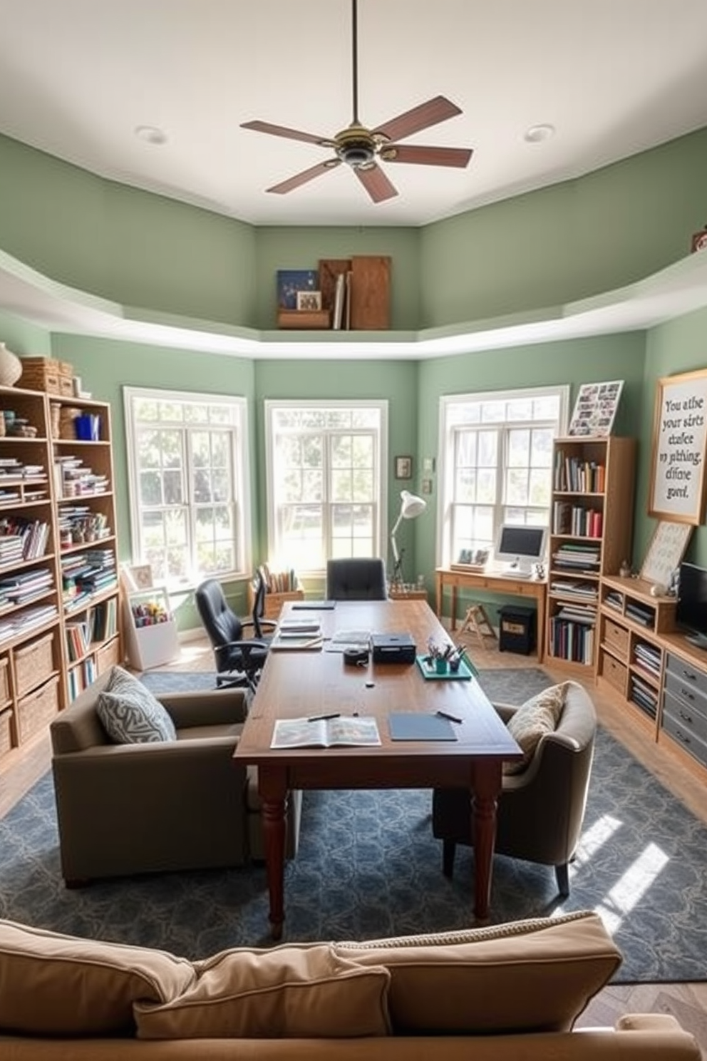 A spacious home office craft room features a large wooden work table positioned centrally, surrounded by organized shelves filled with art supplies and materials. Natural light floods the space through large windows, highlighting the vibrant colors of the walls and the creative atmosphere. Comfortable seating is arranged around the work table, inviting collaboration and creativity. Decorative elements such as framed artwork and inspirational quotes adorn the walls, creating an energizing and motivating environment.