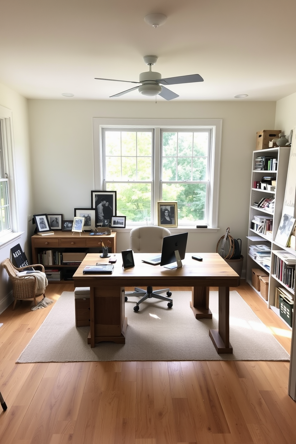 A cozy home office craft room filled with natural light. The walls are painted in a soft pastel color, and a large window offers a view of the garden. A spacious desk made of reclaimed wood sits in the center, adorned with family photos in stylish frames. To the side, a comfortable armchair invites relaxation, while shelves filled with art supplies and books create a creative atmosphere.