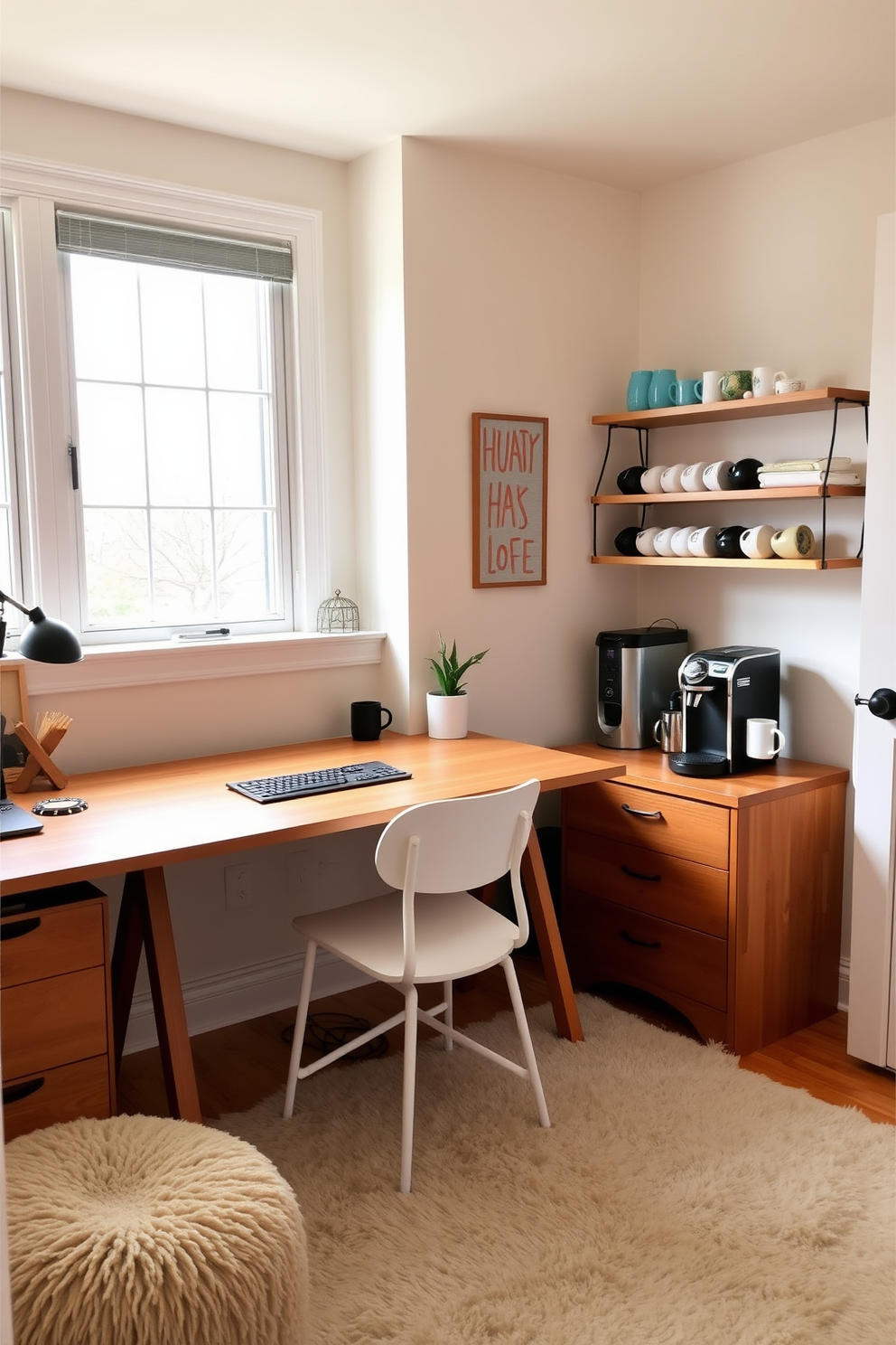 A cozy home office craft room designed for creativity and productivity. The room features a large wooden desk facing a window, with ample natural light illuminating the space. To the side, a stylish coffee station is set up with a sleek espresso machine and a variety of mugs displayed on open shelving. The walls are painted in a soft pastel color, and the floor is adorned with a plush area rug for comfort.