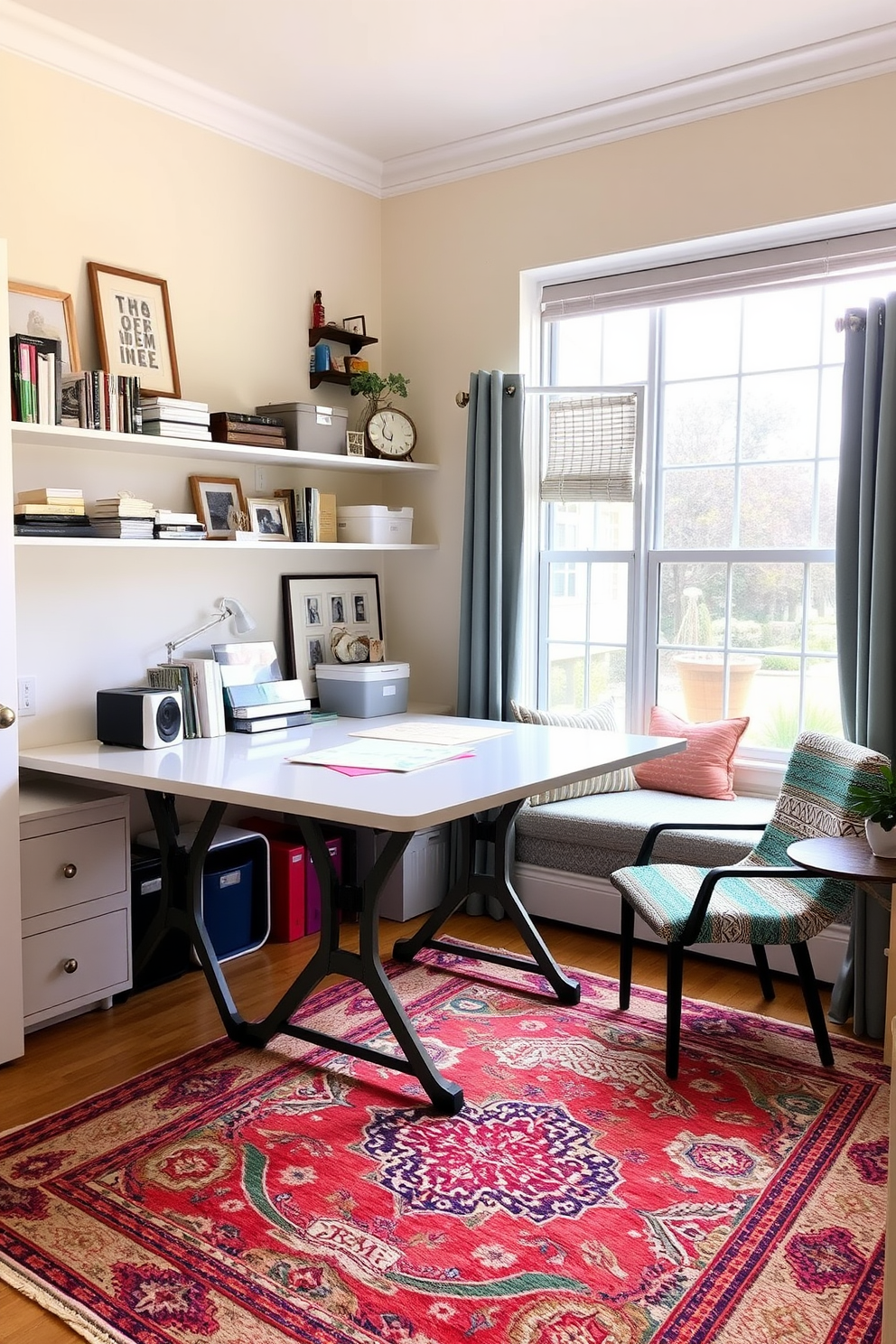 A stylish home office craft room features a fold-out table that provides ample workspace for various projects. The walls are painted in a soft pastel color, and shelves above the table are filled with organized craft supplies and decorative items. Natural light floods the room through a large window, illuminating a cozy reading nook with a comfortable chair and a small side table. A vibrant area rug anchors the space, adding warmth and texture to the overall design.