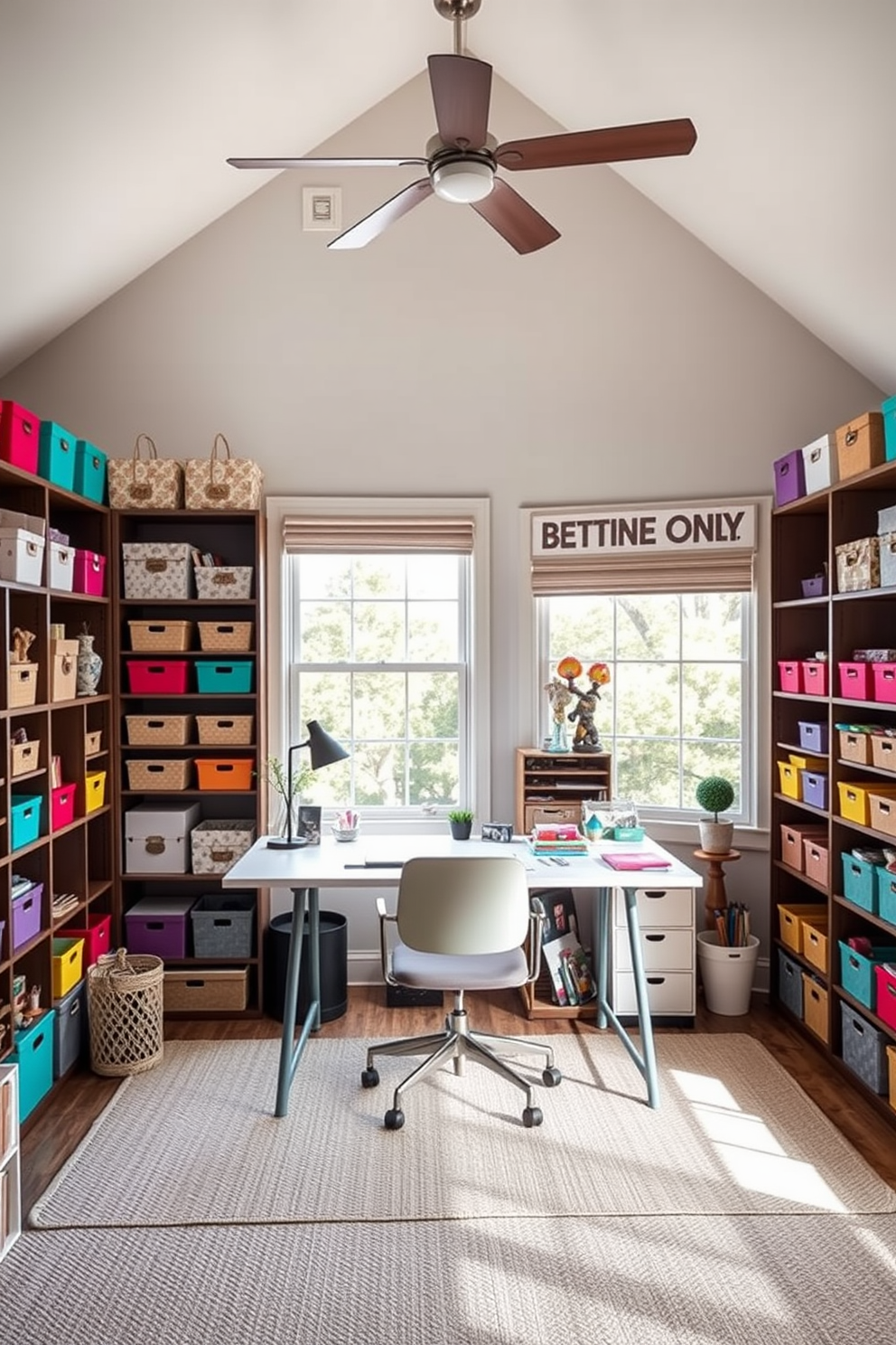 A creative home office craft room featuring decorative boxes for storage solutions. The room is filled with natural light from large windows, creating an inspiring workspace with a cozy atmosphere. Colorful decorative boxes are neatly organized on shelves, providing both functionality and aesthetic appeal. A spacious desk sits in the center, adorned with craft supplies and a stylish chair that invites creativity.