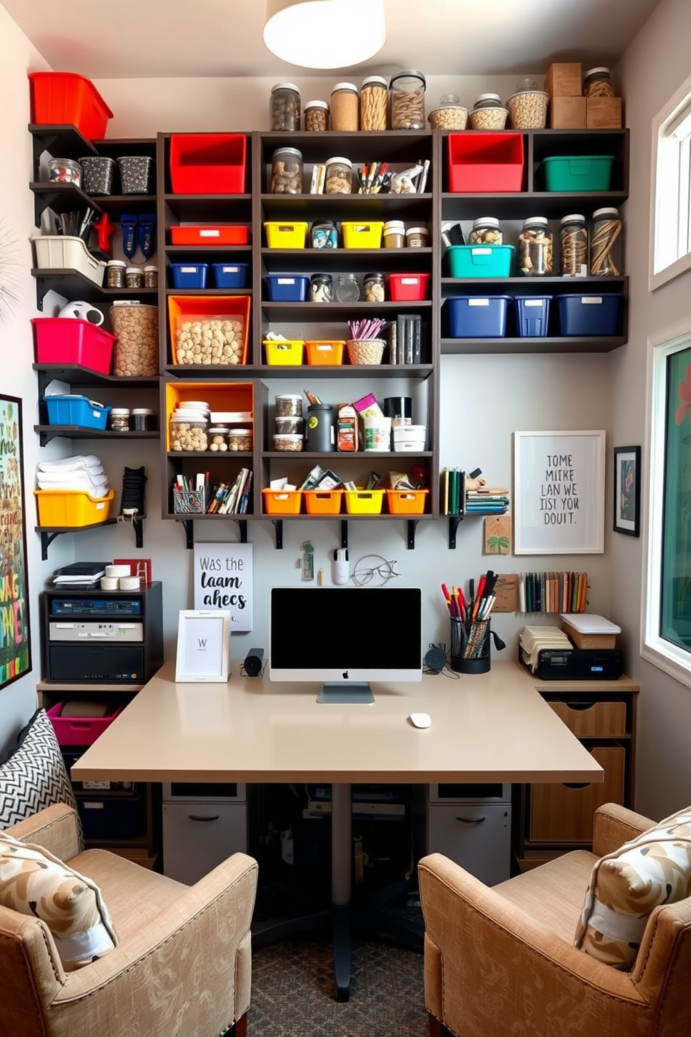 A stylish home office craft room features wall-mounted storage that provides easy access to supplies and tools. The walls are adorned with colorful shelves filled with neatly organized bins and jars, creating an inspiring and functional workspace. A large desk with a smooth surface sits in the center, surrounded by comfortable seating and ample natural light from a nearby window. The decor includes vibrant artwork and motivational quotes, adding a personal touch to the creative environment.