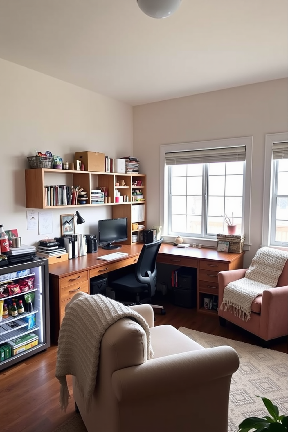 A cozy home office craft room featuring a large wooden desk with ample workspace and an ergonomic chair. The walls are painted in a soft pastel hue, and shelves filled with colorful craft supplies line one side of the room. In the corner, a mini fridge is stocked with snacks and drinks for inspiration breaks. A comfortable armchair with a knitted throw adds a touch of warmth, while a large window allows natural light to flood the space.