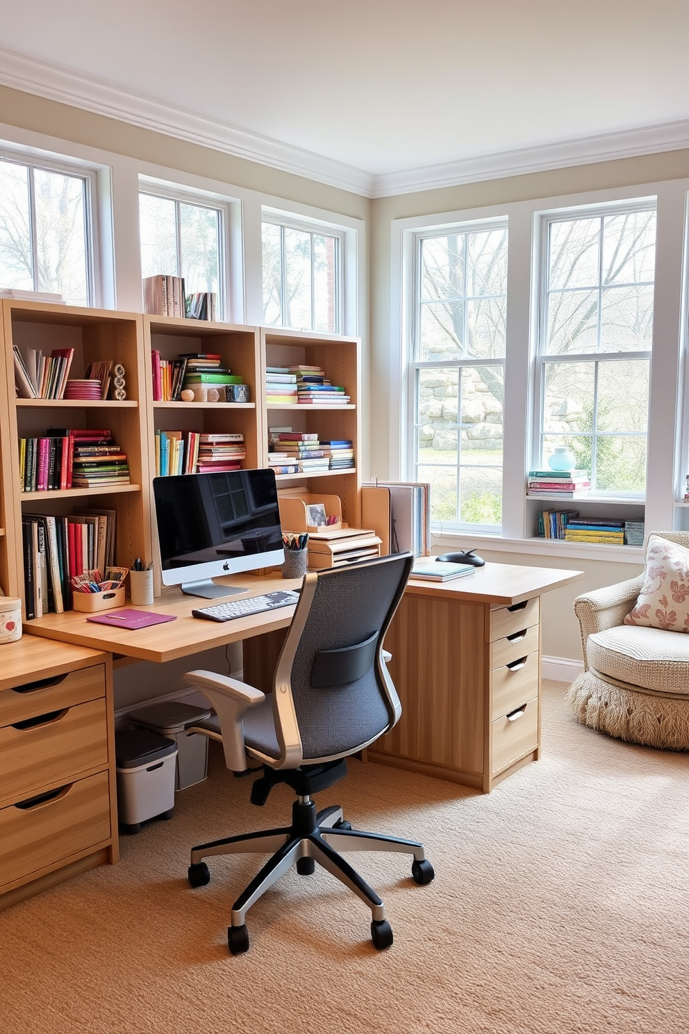 A dual-purpose desk designed for both crafting and work features a spacious surface that accommodates a computer on one side and crafting supplies on the other. The desk is made of light wood with built-in storage drawers and a comfortable ergonomic chair to enhance productivity. The home office craft room is bright and inviting, with large windows allowing natural light to flood the space. Shelves filled with colorful craft materials are neatly organized, and a cozy reading nook with a plush chair adds a touch of comfort.