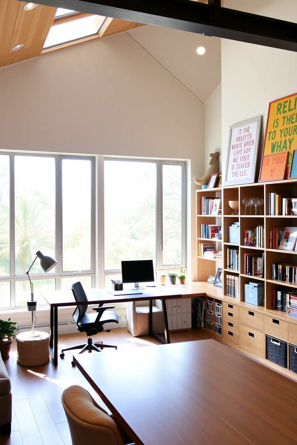 A serene home office featuring large windows that allow natural light to flood the space. The room is designed with a sleek wooden desk positioned to take advantage of the sunlight, complemented by a comfortable ergonomic chair. In the corner, a cozy reading nook is created with a plush armchair and a small side table. Shelves filled with books and decorative items line the walls, adding personality and warmth to the room. A bright and inspiring craft room filled with natural light from expansive windows. The space includes a large crafting table surrounded by organized storage for supplies and materials. Colorful artwork and inspirational quotes adorn the walls, creating a vibrant atmosphere. A comfortable chair is placed nearby for relaxation during breaks from creative projects.