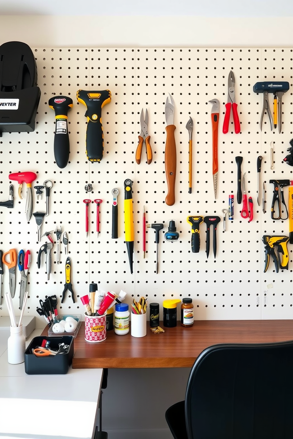 A stylish home office craft room featuring a pegboard wall for organized tools. The pegboard is painted in a soft pastel color and adorned with neatly arranged tools and supplies for easy access.