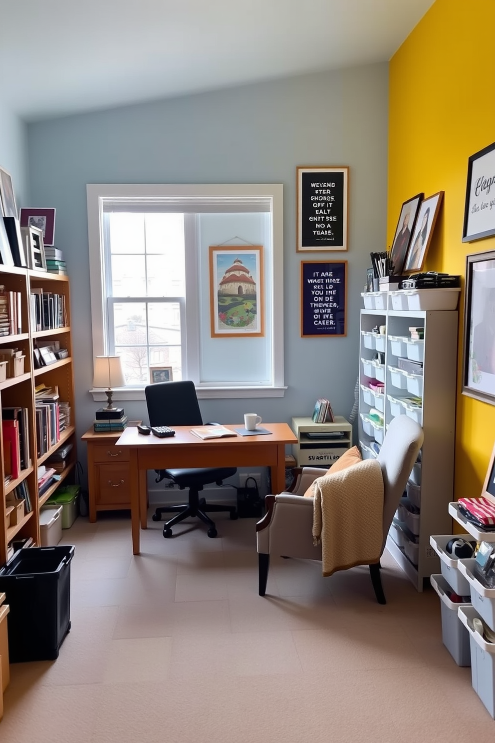 A serene home office space designed for productivity and inspiration. The room features a large wooden desk facing a window with natural light streaming in, surrounded by shelves filled with books and art pieces. The walls are painted in a calming light blue, creating a tranquil atmosphere. A cozy armchair sits in the corner, adorned with a soft throw blanket and a small side table for coffee or tea. A creative craft room filled with vibrant colors and organized supplies. The workspace includes a large table in the center, with storage bins and shelves lining the walls for easy access to materials. The walls are painted in a cheerful yellow, enhancing the creative energy of the space. Inspirational quotes are framed and hung throughout the room, motivating creativity and artistic expression.