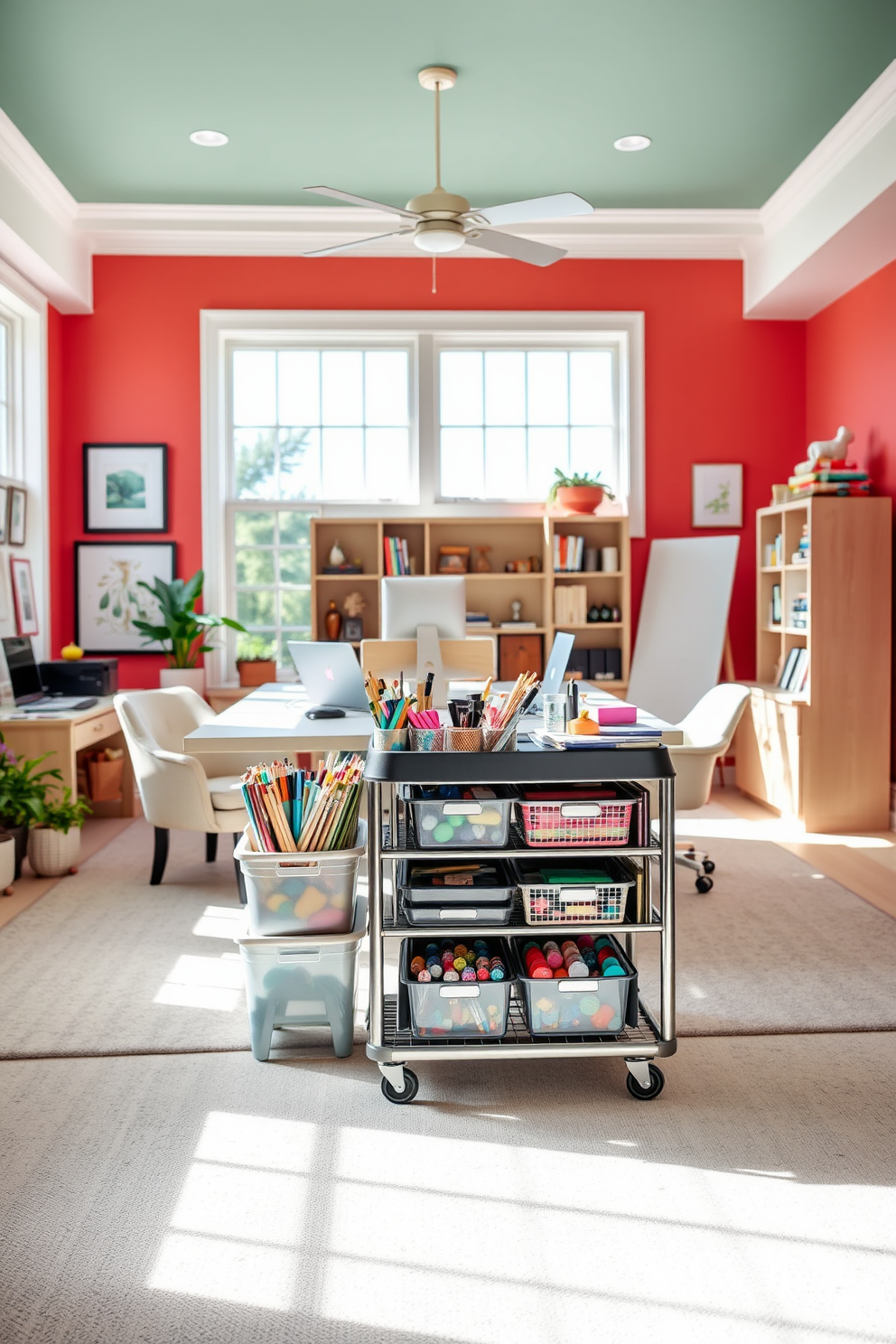 A spacious home office craft room featuring a rolling cart for mobility. The cart is filled with various art supplies and organized storage bins, allowing for easy access while working on creative projects. The room is adorned with bright, inspiring colors on the walls, creating an energizing atmosphere. A large work table occupies the center, surrounded by comfortable seating and ample natural light streaming through large windows.