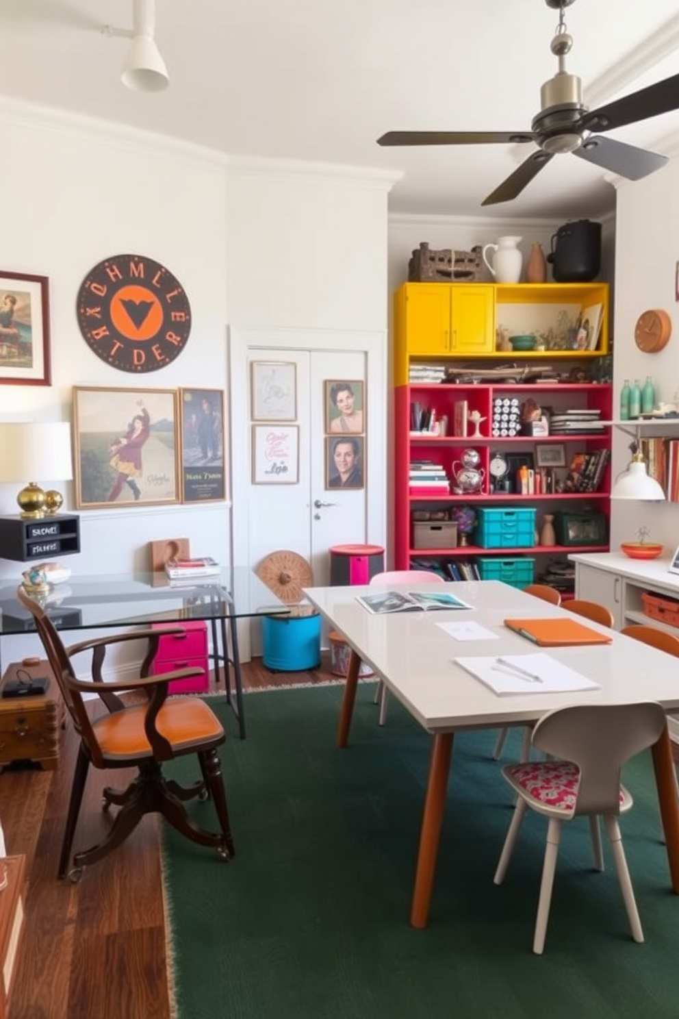 A stylish home office that blends vintage and modern decor styles. The room features a sleek glass desk paired with an antique wooden chair, accented by a retro lamp and contemporary artwork on the walls. The craft room is filled with creative energy, showcasing a mix of vintage storage solutions and modern workspaces. Brightly colored shelves hold supplies, while a large table in the center offers ample space for projects, surrounded by eclectic decor items.