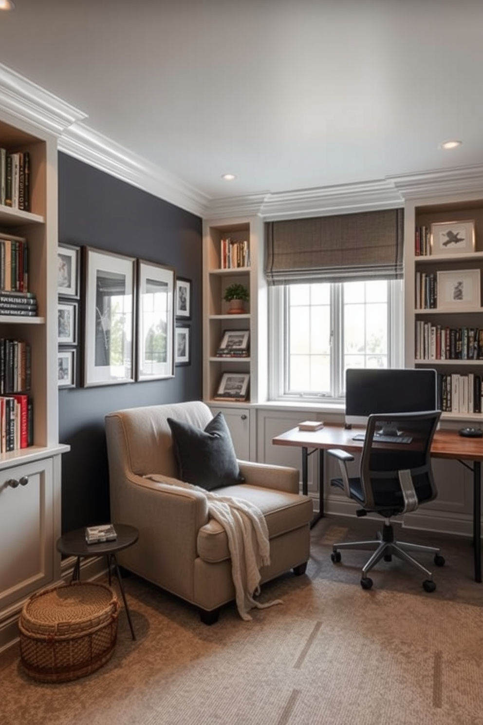 Cozy reading nook with built-in shelves. A comfortable armchair is positioned next to a large window, allowing natural light to flood the space. The walls are lined with built-in shelves filled with books and decorative items. A soft throw blanket and a small side table complete the inviting atmosphere. Home Office Den Design Ideas. A sleek desk is placed against a wall featuring a gallery of framed artwork. The room is equipped with a stylish ergonomic chair and ample storage solutions to keep the workspace organized.