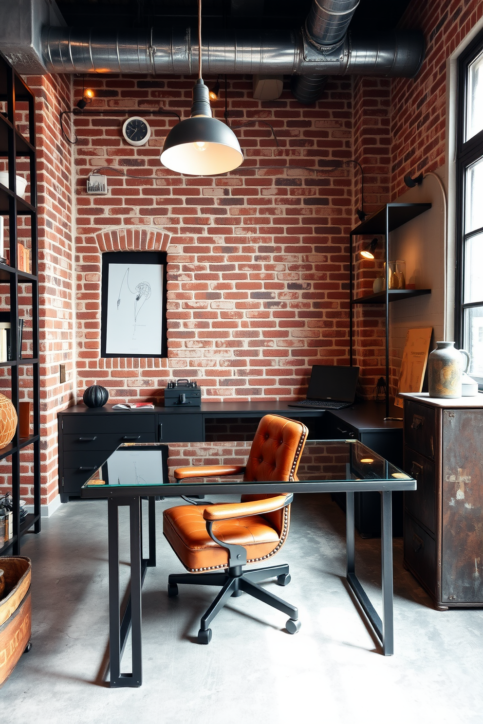 A spacious home office den featuring industrial style elements. The room showcases an exposed brick wall, complemented by a large metal desk with a sleek glass top. Metal accents are incorporated through a series of open shelving units and a vintage metal filing cabinet. A comfortable leather chair with a distressed finish sits at the desk, while warm pendant lights hang from the ceiling, adding a cozy ambiance.