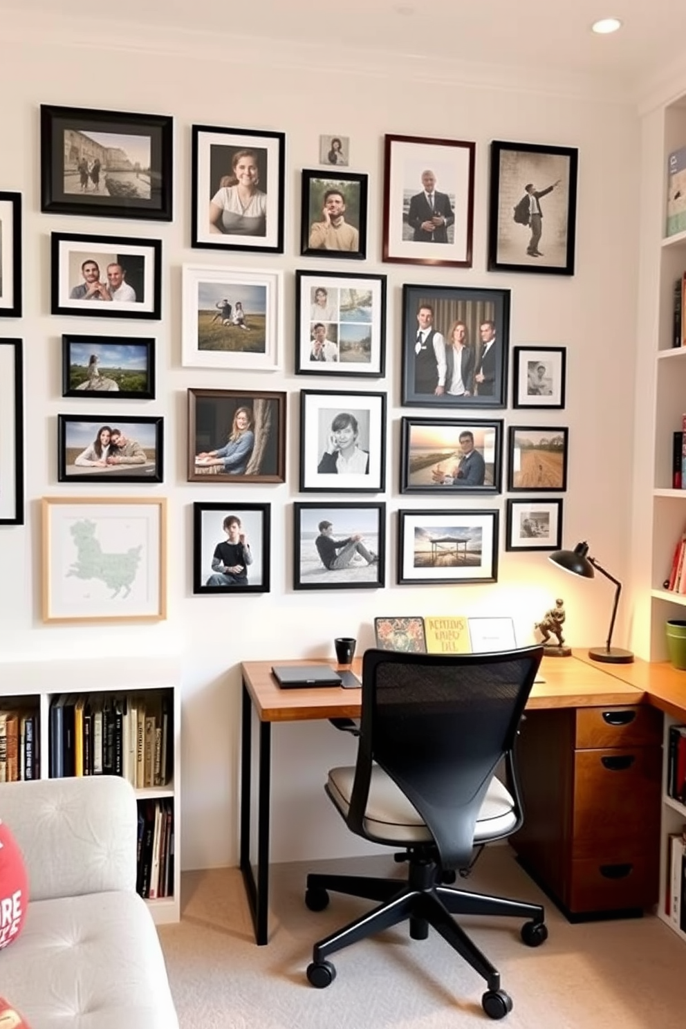 A personalized gallery wall featuring a mix of framed photos in various sizes. The wall is painted in a soft white color, allowing the vibrant images to stand out, complemented by stylish lighting that highlights each piece. A cozy home office den designed for productivity and comfort. The space includes a sleek wooden desk with a comfortable ergonomic chair, surrounded by bookshelves filled with curated books and decorative items.