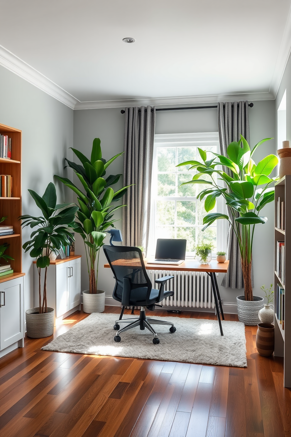 A serene home office den featuring a large wooden desk positioned against a window that allows natural light to flood the space. Lush green plants are placed in the corners, adding a refreshing touch and improving air quality. The walls are painted in a calming light gray, and a comfortable ergonomic chair complements the desk. A stylish bookshelf filled with books and decorative items lines one wall, while a cozy area rug adds warmth to the hardwood floor.