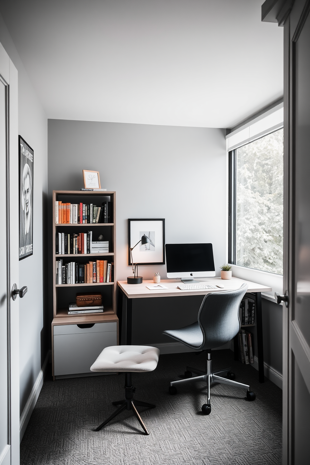 A cozy home office den featuring a sleek foldable desk that can be tucked away when not in use. The room includes a stylish chair that doubles as storage and a compact bookshelf filled with books and decorative items. The walls are painted in a soft gray, creating a calming atmosphere. A large window allows natural light to flood the space, enhancing the functionality of this multi-purpose area.