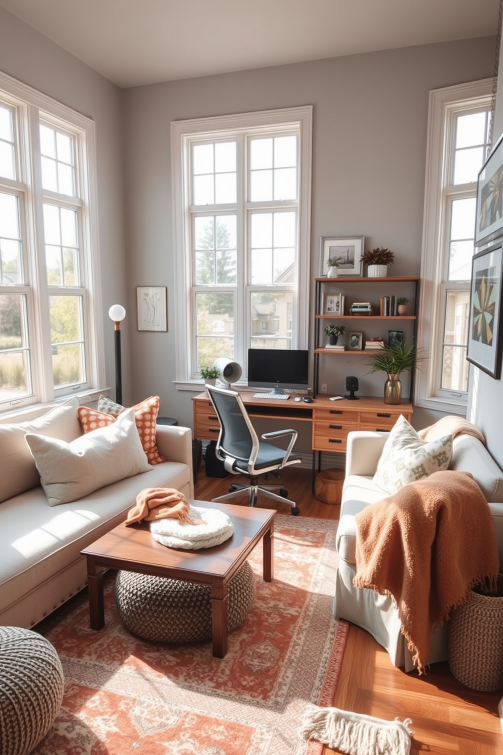 A cozy home office den featuring soft textiles for added comfort. The space includes a plush sofa adorned with various cushions and a warm throw blanket, creating an inviting atmosphere for work and relaxation. Natural light streams in through large windows, illuminating a stylish wooden desk paired with a comfortable ergonomic chair. The walls are painted in a calming light gray, while a large area rug adds warmth and texture to the hardwood floor.