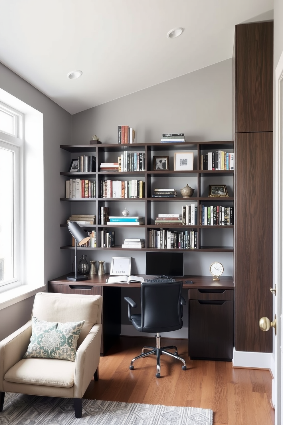 A modern home office den features a sleek wall-mounted shelving unit made of dark wood, showcasing an array of books and decorative items. The walls are painted in a soft gray, and a comfortable desk with a minimalist design sits below a large window, allowing natural light to flood the space. Incorporating creative storage solutions, the office includes a combination of open shelves and closed cabinets to keep the area organized and clutter-free. A cozy reading nook with a plush armchair is positioned in the corner, complemented by a stylish floor lamp for added warmth and comfort.