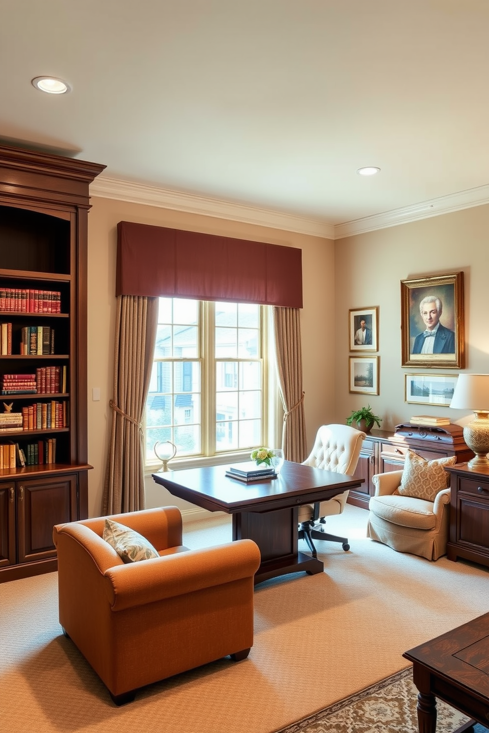 A warm color palette creates an inviting atmosphere in the home office. The walls are painted in soft beige, complemented by rich brown furniture and cozy textiles. A large wooden desk sits against a window, allowing natural light to flood the space. Plush armchairs in warm tones provide comfortable seating for reading or meetings.