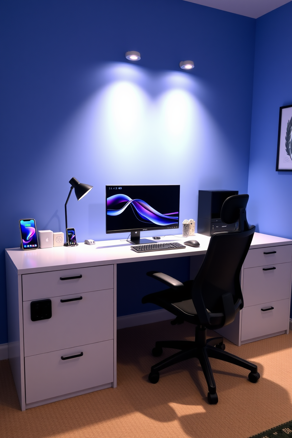 A tech-friendly home office den featuring a sleek desk with built-in charging stations for devices. The walls are painted in a calming blue hue, and a comfortable ergonomic chair complements the modern aesthetic. On the desk, a large monitor is paired with a wireless keyboard and mouse, while decorative organizers keep the workspace tidy. Soft ambient lighting illuminates the room, creating an inviting atmosphere for productivity.