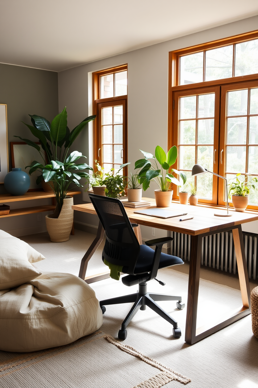 A serene home office space that emphasizes sustainable materials. The desk is made from reclaimed wood and features a sleek, minimalist design with a comfortable ergonomic chair. Natural light floods the room through large windows, illuminating plants in recycled planters. Soft textile accents in organic cotton and linen add warmth to the space while promoting eco-friendly living.