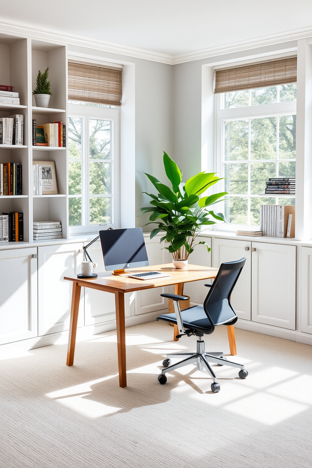 Bright workspace with large windows. The room features a sleek wooden desk positioned to take advantage of natural light streaming in. A comfortable ergonomic chair complements the desk, while shelves filled with books and decorative items line the walls. Soft, neutral tones create a calming atmosphere, enhanced by a lush green plant in the corner.